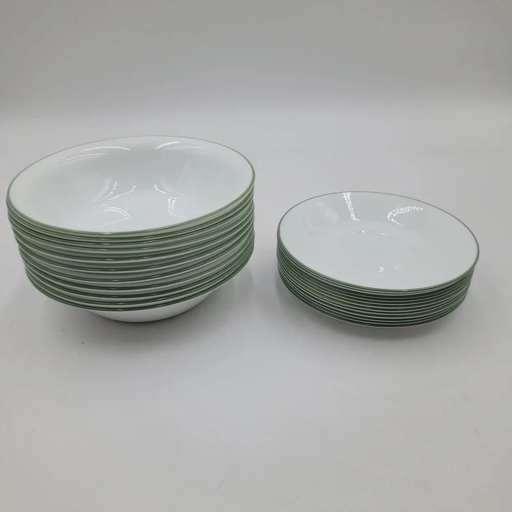 23pc Corelle by Corning Green Rim Vitrelle Bowls and Saucers Vintage USA‎ Made